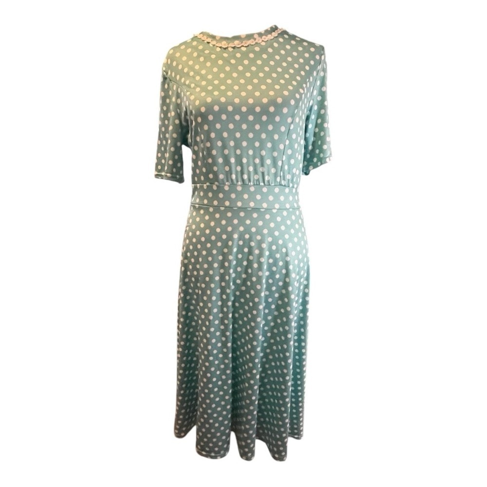 Aqua Polka Dot Dress Vintage inspired with Lace Detail Size Small